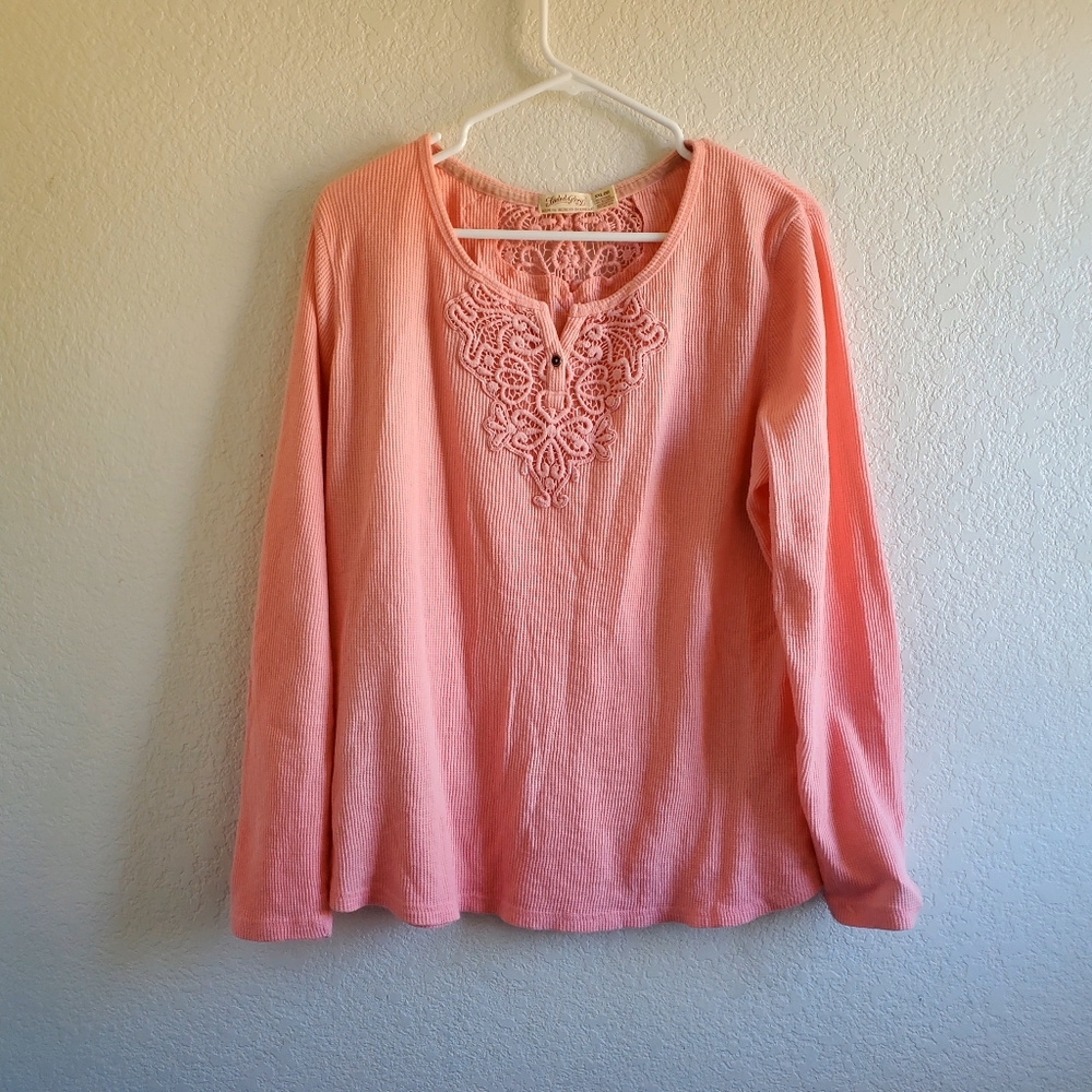 Faded‎ Glory Long Sleeve Top Pink Embroidered Waffleknit Barbiecore Valentines
